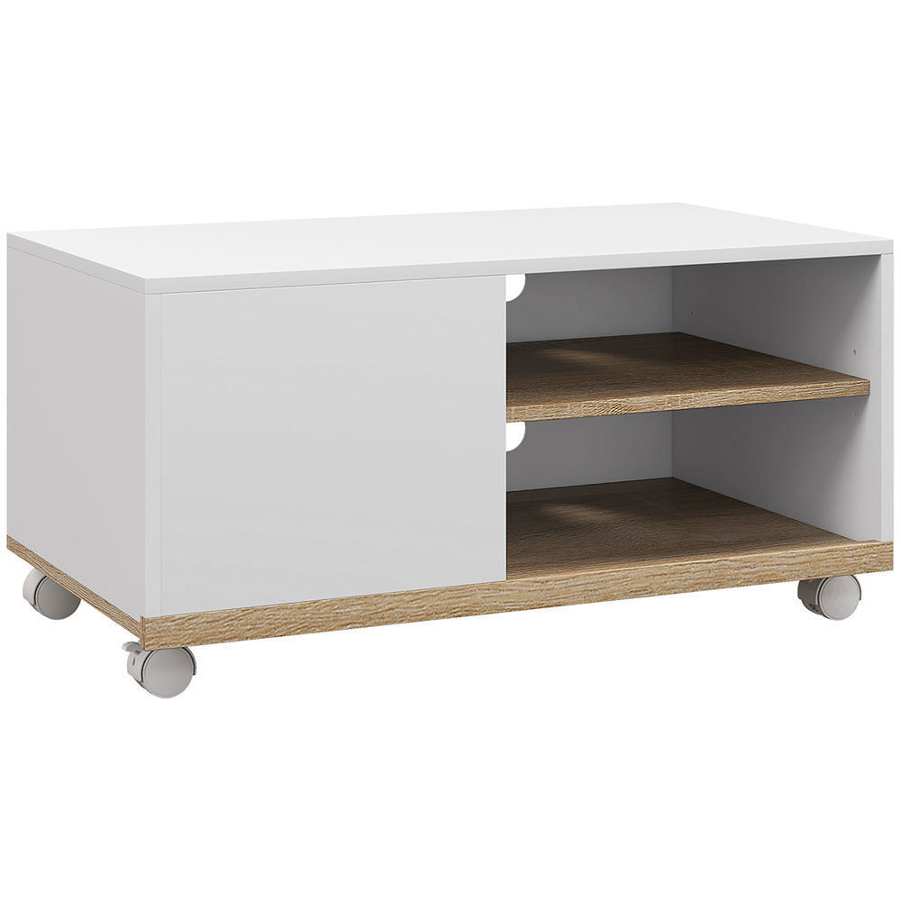 Homcom mueble de tv con ruedas, mesa de tv móvil, mueble para televisión hasta 42 pulgadas, con 1 puerta, 2 compartimentos abiertos, estante ajustable, para salón, comedor, dormitorio, blanco