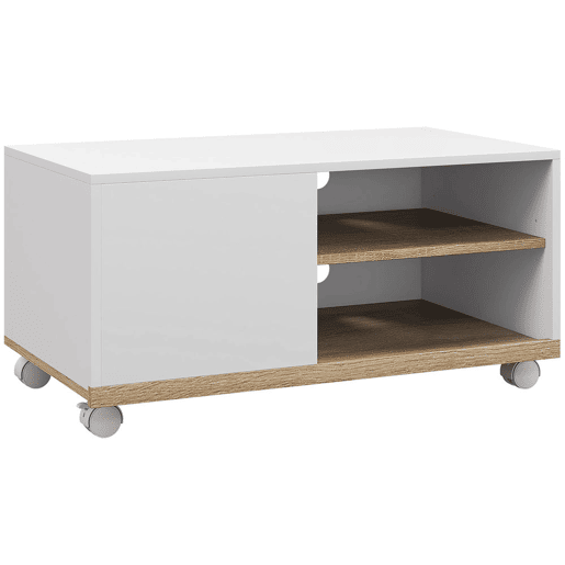 HOMCOM Móvel de TV Mesa de Sala de Estar Moderna de TV de 42 Polegadas com 4 Rodas com 1 Porta e 2 Prateleiras de Armazenamento 80x45x39,5 cm Branco