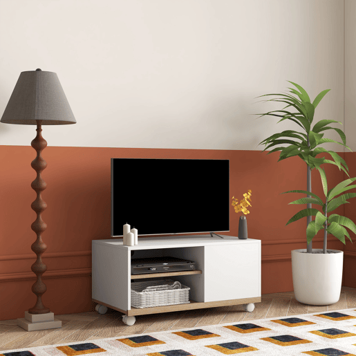 HOMCOM Móvel de TV Mesa de Sala de Estar Moderna de TV de 42 Polegadas com 4 Rodas com 1 Porta e 2 Prateleiras de Armazenamento 80x45x39,5 cm Branco