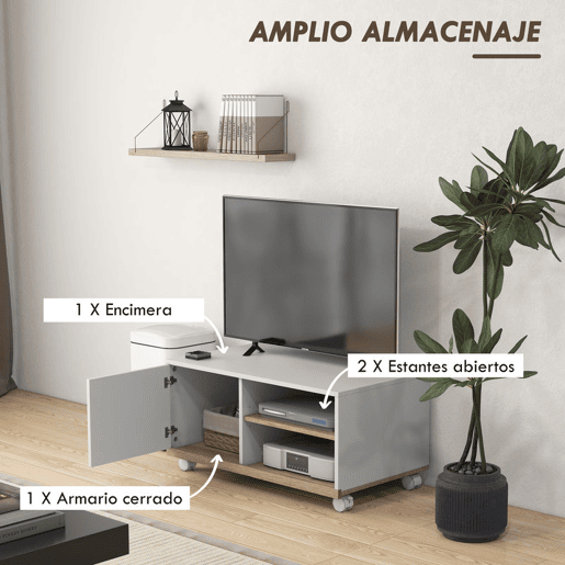 HOMCOM Móvel de TV Mesa de Sala de Estar Moderna de TV de 42 Polegadas com 4 Rodas com 1 Porta e 2 Prateleiras de Armazenamento 80x45x39,5 cm Branco