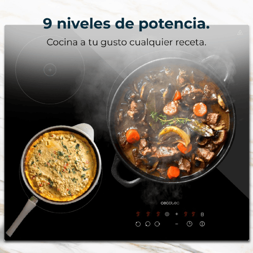 Cecotec Placa de vitrocerâmica de 3 zonas, 9 níveis, potência máxima de 5700 W e controlo tátil.