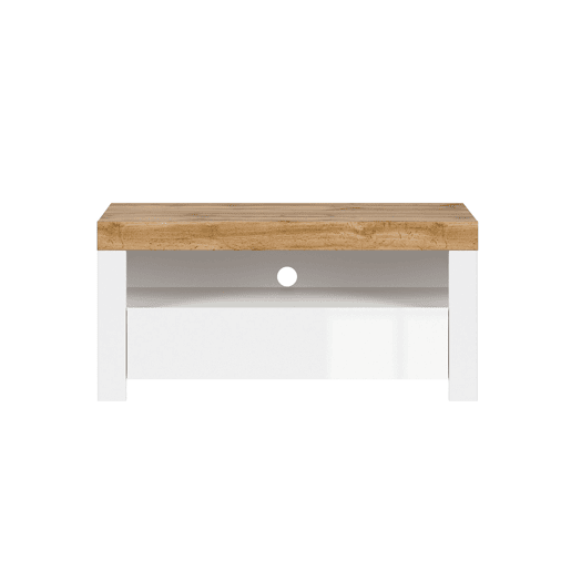 Suporte para televisor com 1 gaveta Hella 106 cm, branco e madeira