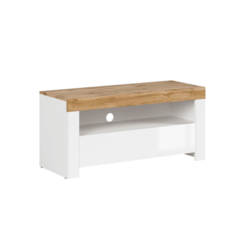 Suporte para televisor com 1 gaveta Hella 106 cm, branco e madeira