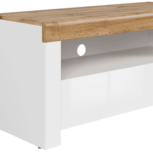 Suporte para televisor com 1 gaveta Hella 106 cm, branco e madeira