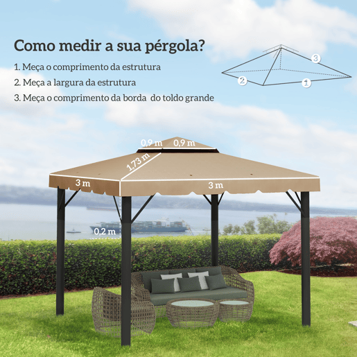 Outsunny Cobertura de Substituição para Pérgola 300x300 cm Teto de Substituição para Pérgolas Exterior com Duplo Teto e 8 Orifícios de Drenagem Cáqui