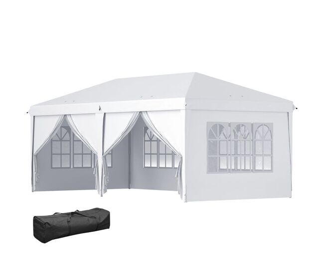 Outsunny carpa plegable 6x3x2,7 m cenador de jardín gazebo plegable con 4 paneles 4 ventanas 2 puertas con cremallera 1 bolsa anti-uv impermeable para exterior terraza patio playa blanco