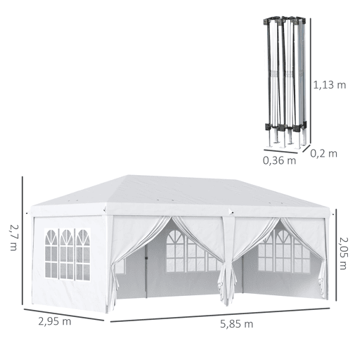 Outsunny Tenda para Festas 585x295x270 cm com Paredes Laterais Amovíveis Tenda Dobrável com 2 Portas com Fecho de Correr 4 Janelas e Bolsa de Transporte Branco