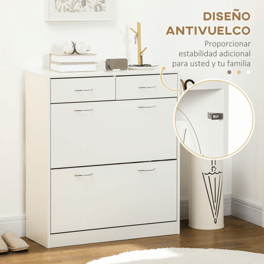 HOMCOM Sapateira Móvel para Sapatos Estreito com 2 Compartimentos e 2 Gavetas para 12 Pares de Sapatos para Sala de Estar Entrada Corredor 80x30x91,5 cm Branco