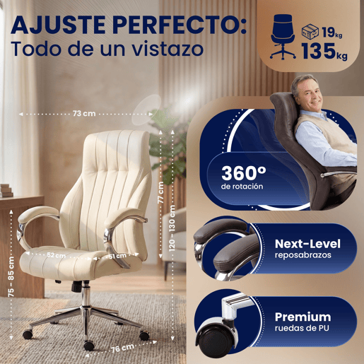 Silla de oficina Wigan Cuero auténtico Crema 76X73X120 cm