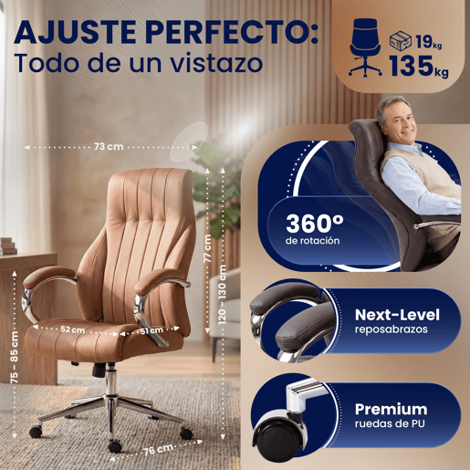 Silla de oficina Wigan Cuero auténtico Marrón claro 76X73X120 cm