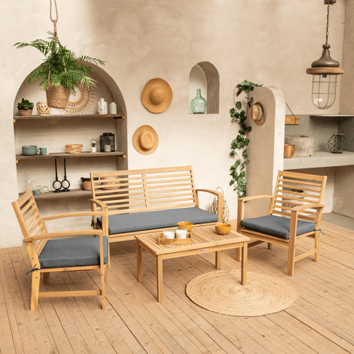 Conjunto de muebles de jardín acacia GOA de 4 plazas - cojines grises