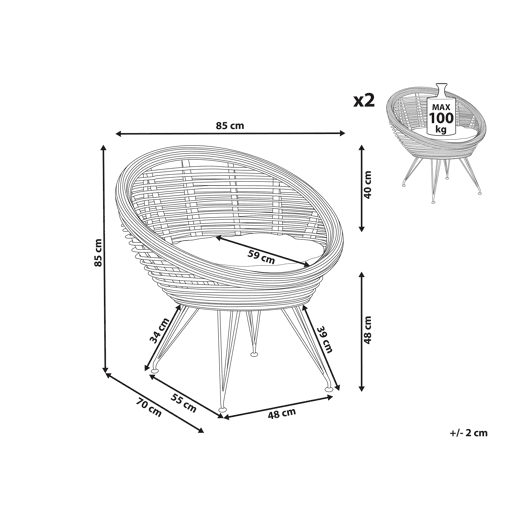 Conjunto de 2 cadeiras de jardim com almofadas MARATEA Rattan Natural