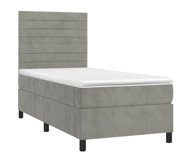 Cama box spring colchón y led terciopelo gris claro 80x200 cm rayas horizontales