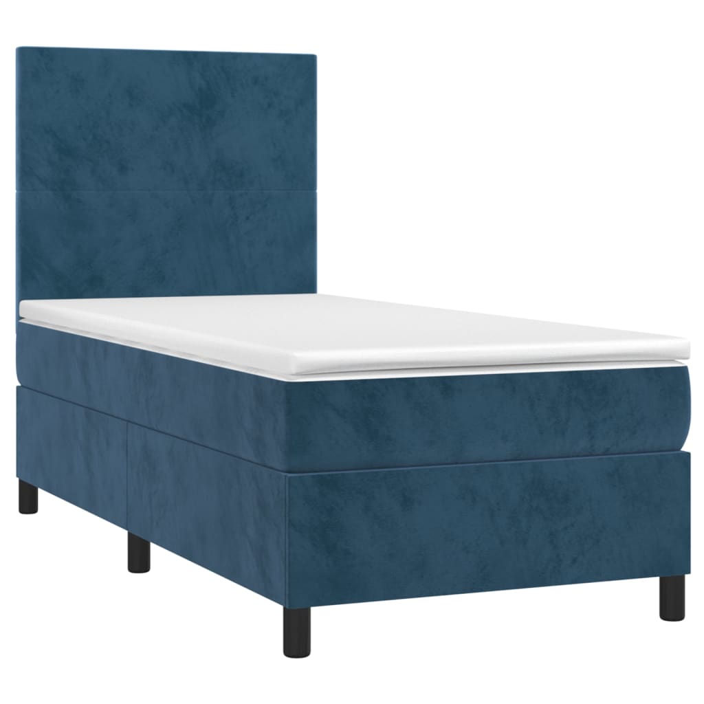 Cama box spring colchón y led terciopelo azul oscuro 80x200 cm diseño plano