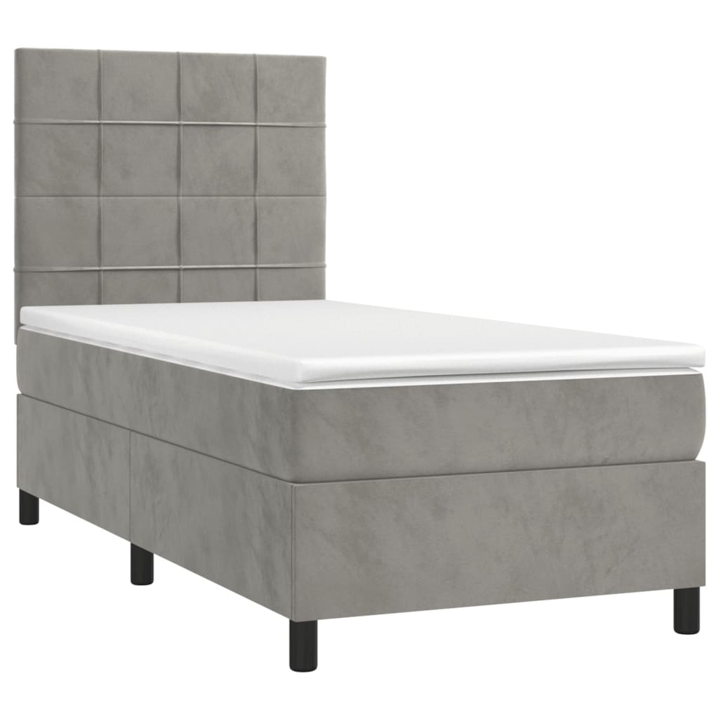 Cama box spring colchón y LED terciopelo - Bloques con cuadros 80x200 Gris Claro