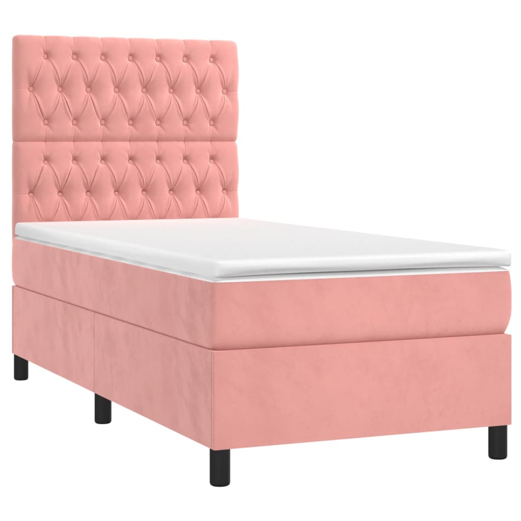 Cama box spring colchón y LED terciopelo - Diseño de botones 90x200 Rosa