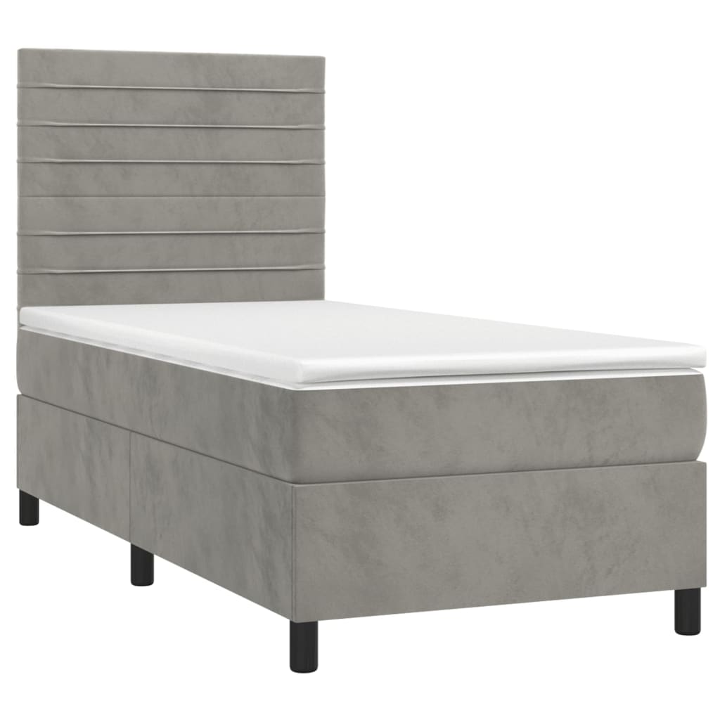 Cama box spring colchón y led terciopelo gris claro 100x200 cm rayas horizontales