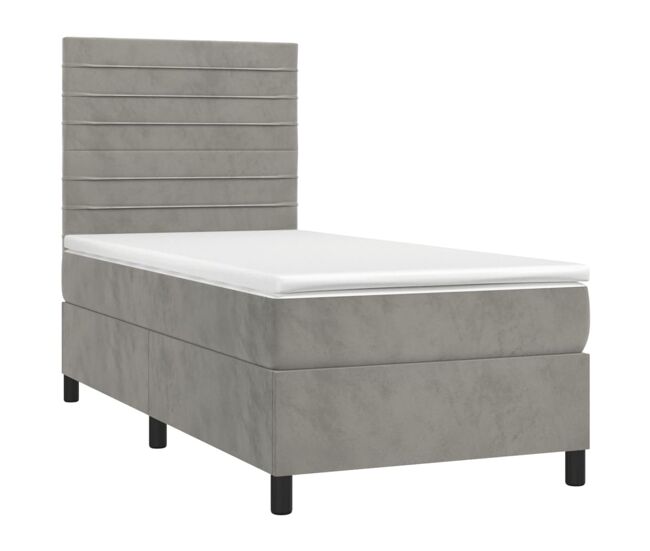 Cama box spring colchón y led terciopelo gris claro 100x200 cm rayas horizontales