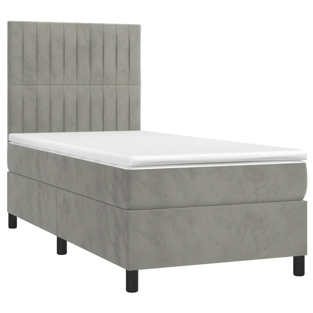 Cama box spring colchón y led terciopelo gris claro 90x200 cm rayas verticales