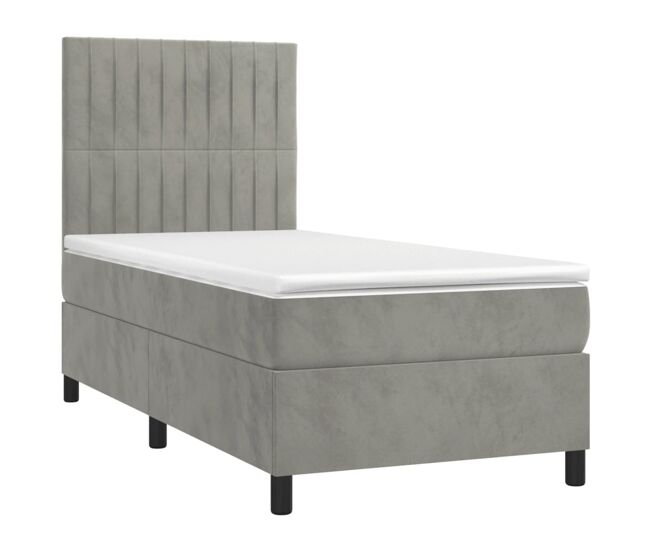 Cama box spring colchón y led terciopelo gris claro 90x200 cm rayas verticales