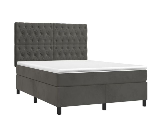 Cama box spring colchón y led terciopelo gris oscuro 140x200 cm diseño de botones
