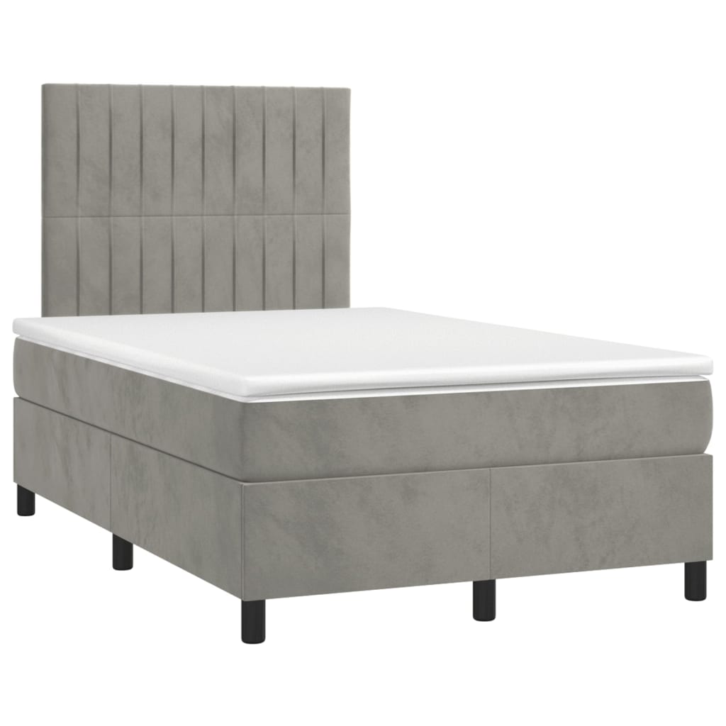 Cama box spring colchón y led terciopelo gris claro 120x200 cm rayas verticales