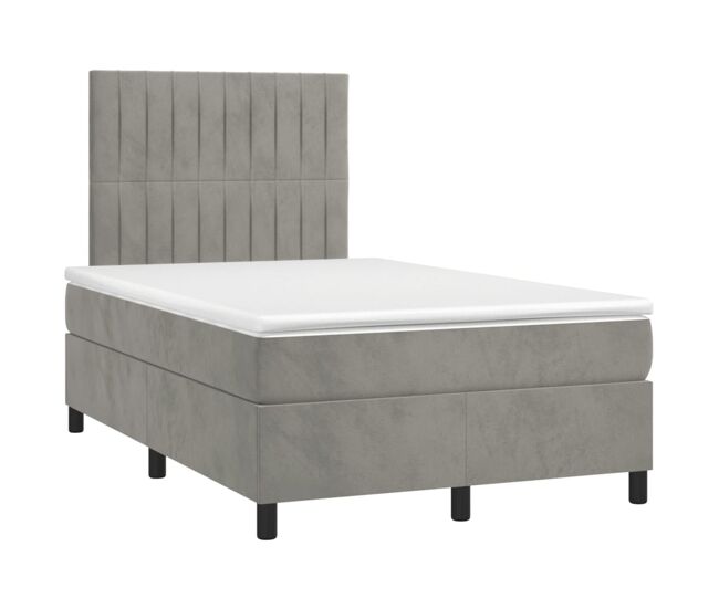 Cama box spring colchón y led terciopelo gris claro 120x200 cm rayas verticales
