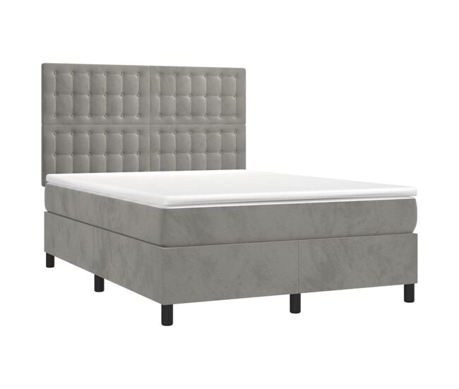 Cama box spring colchón y led terciopelo gris claro 140x190 cm botones