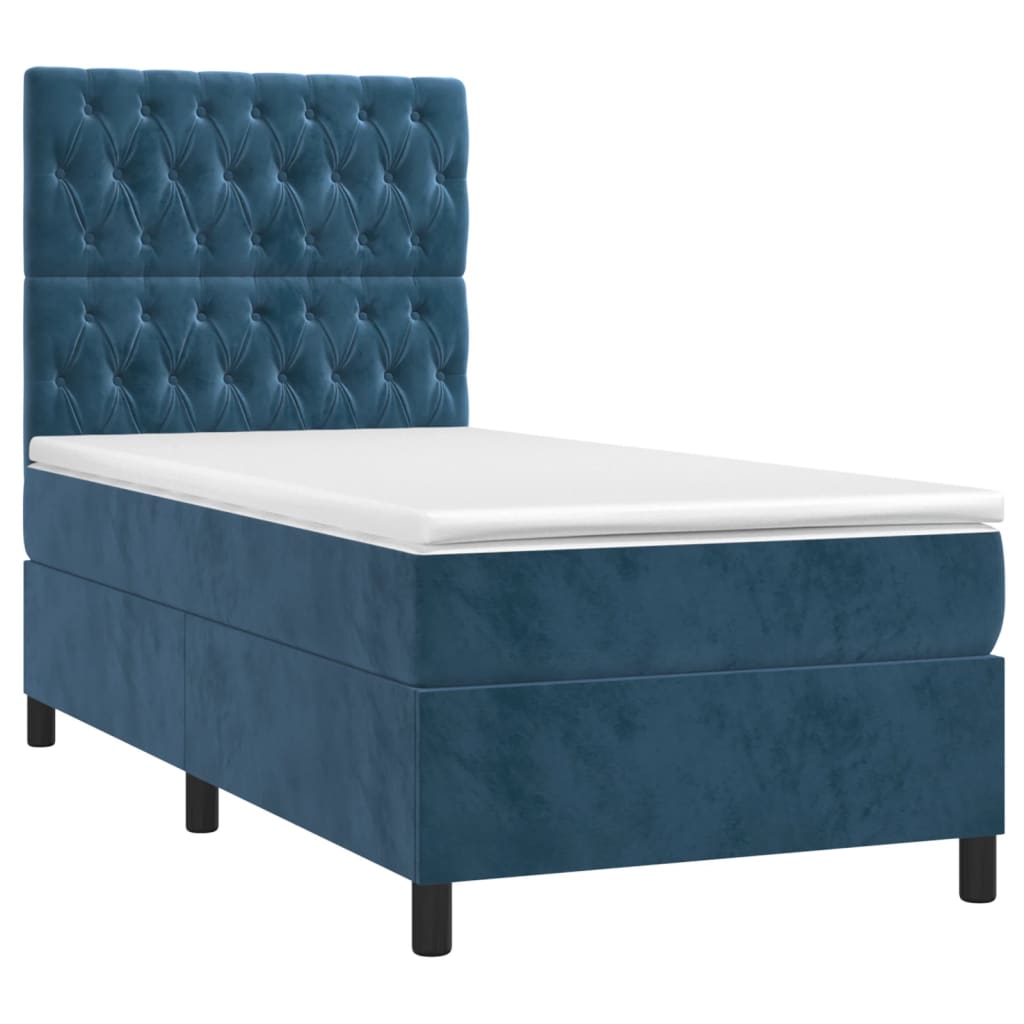Cama box spring colchón y led terciopelo azul oscuro 80x200 cm diseño de botones
