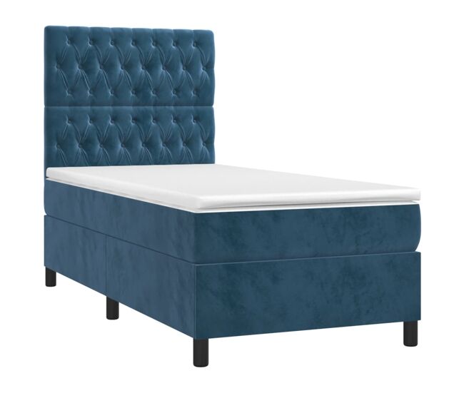 Cama box spring colchón y led terciopelo azul oscuro 80x200 cm diseño de botones
