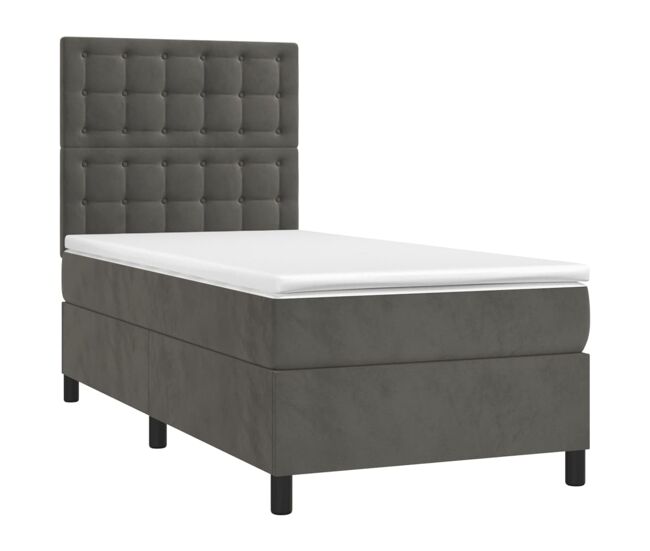 Cama box spring colchón y led terciopelo gris oscuro 80x200 cm botones