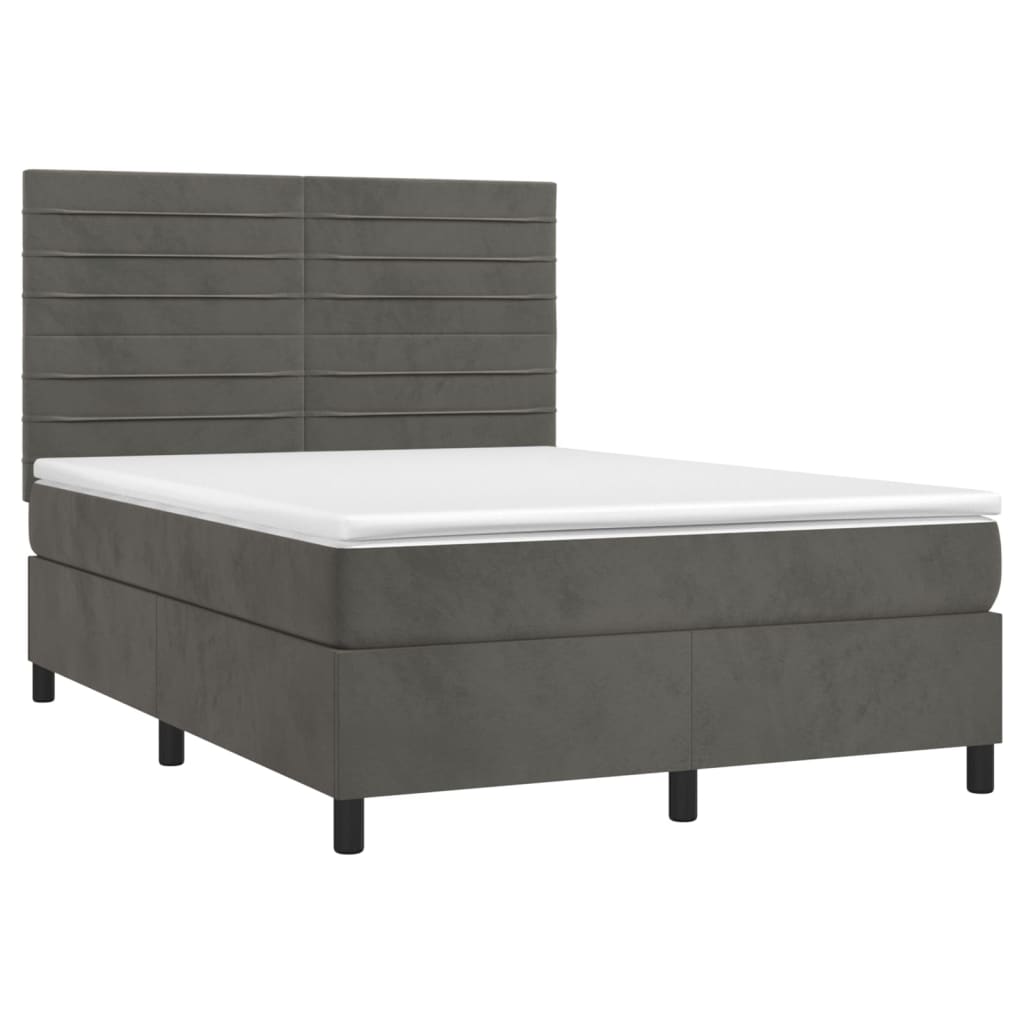 Cama box spring colchón y led terciopelo gris oscuro 140x200 cm rayas horizontales