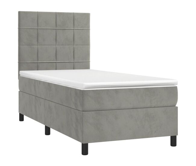 Cama box spring colchón y led terciopelo gris claro 90x200 cm bloques con cuadros