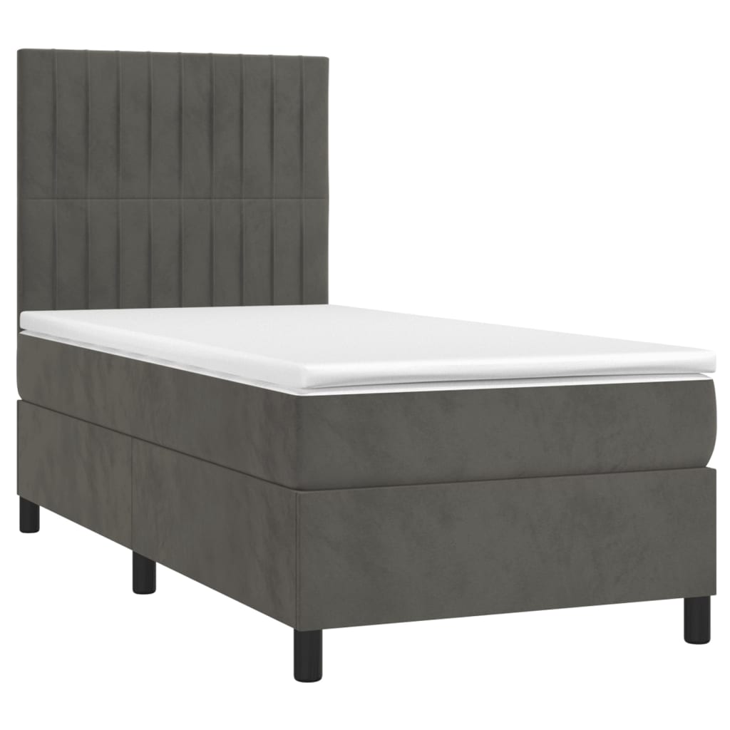 Cama box spring colchón y led terciopelo gris oscuro 90x190 cm rayas verticales