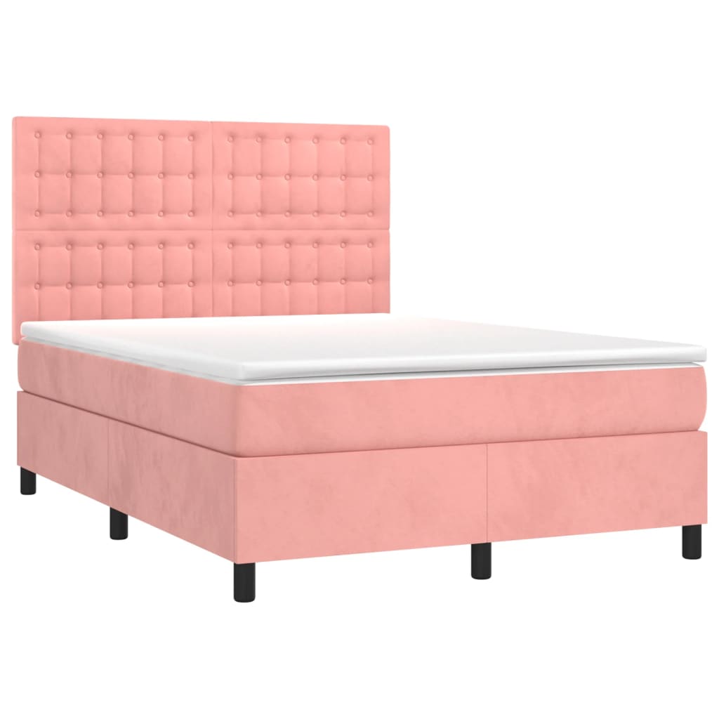 Cama box spring colchón y LED terciopelo - Botones 140x190 Rosa