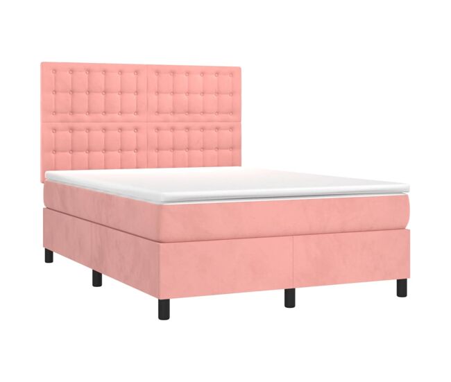 Cama box spring colchón y led terciopelo rosa 140x190 cm botones