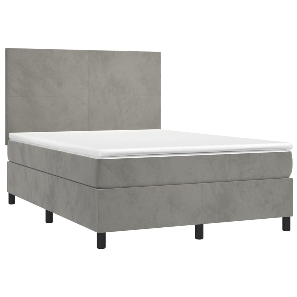 Cama box spring colchón y LED terciopelo - Diseño plano 140x200 Gris Claro