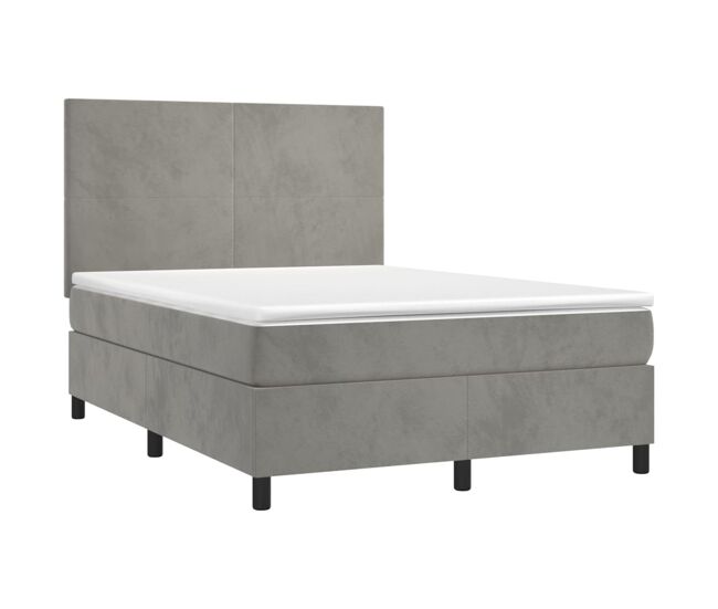 Cama box spring colchón y led terciopelo gris claro 140x200 cm diseño plano