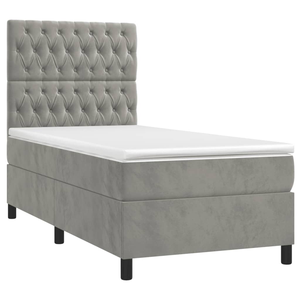 Cama box spring colchón y led terciopelo gris claro 80x200 cm diseño de botones