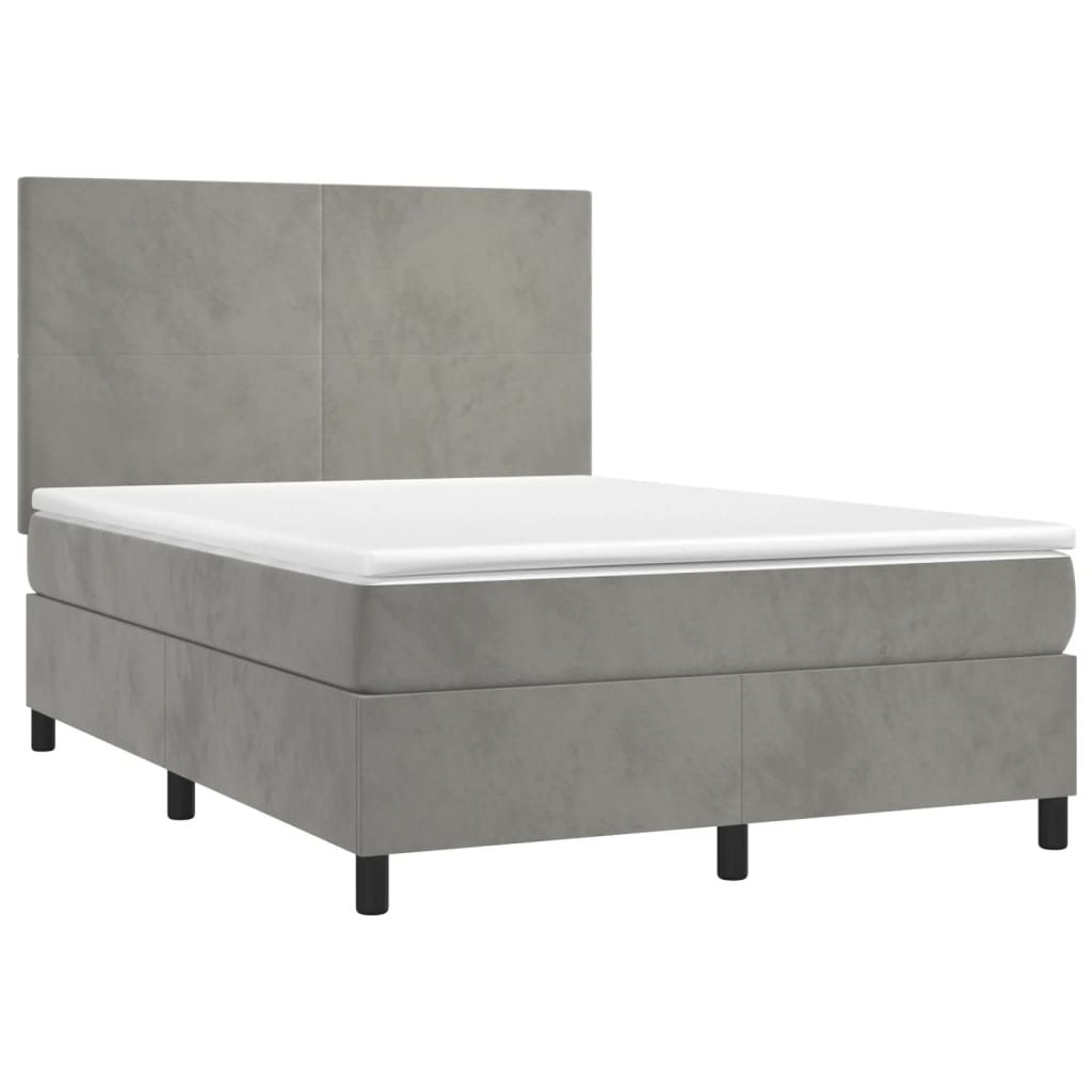 Cama box spring colchón y LED terciopelo - Diseño plano 140x190 Gris Claro
