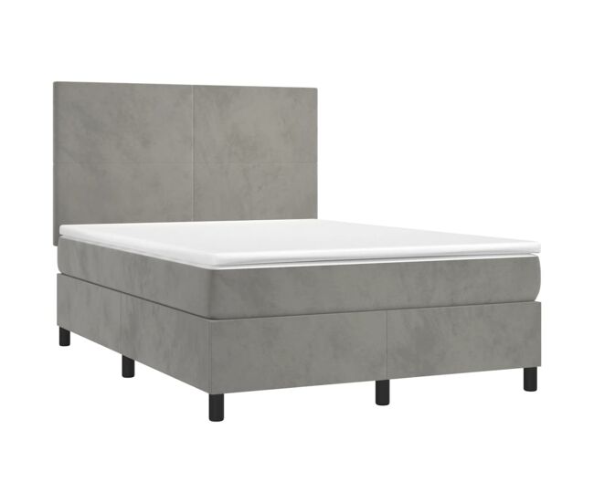 Cama box spring colchón y led terciopelo gris claro 140x190 cm diseño plano