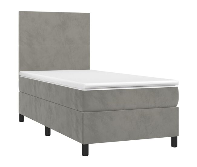 Cama box spring colchón y led terciopelo gris claro 100x200 cm diseño plano