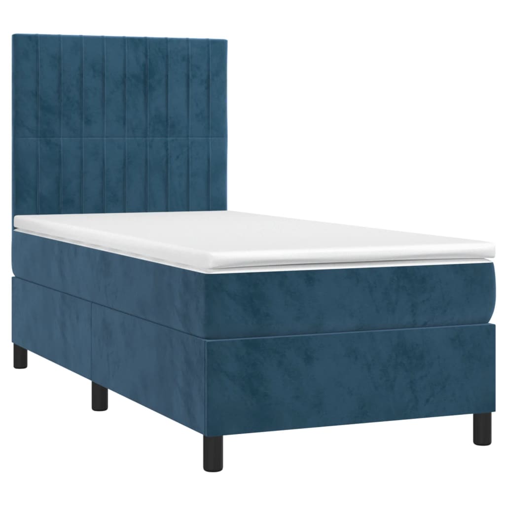 Cama box spring colchón y led terciopelo azul oscuro 90x190 cm rayas verticales