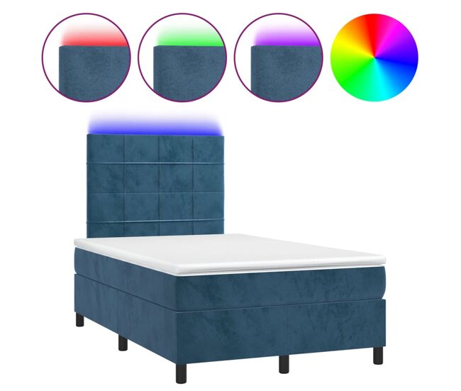 Cama box spring colchón y led terciopelo azul oscuro 120x200 cm bloques con cuadros