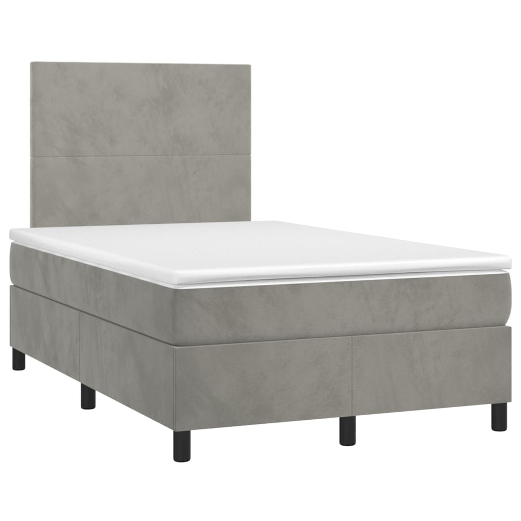 Cama box spring colchón y led terciopelo gris claro 120x200 cm diseño plano