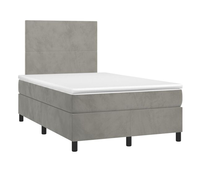 Cama box spring colchón y led terciopelo gris claro 120x200 cm diseño plano