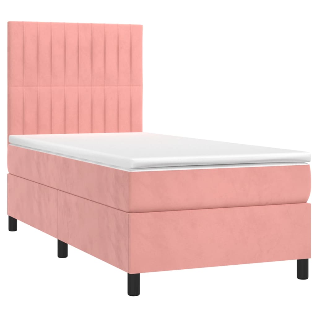 Cama box spring colchón y led terciopelo rosa 90x190 cm rayas verticales