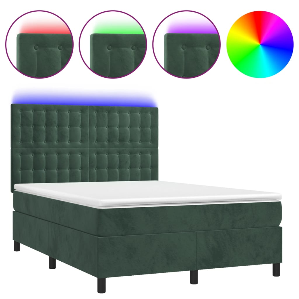 Cama box spring colchón y LED terciopelo - Botones 140x190 Verde