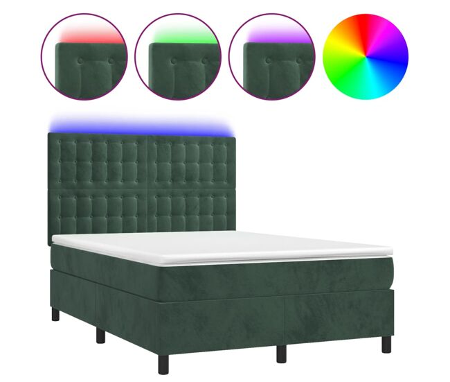 Cama box spring colchón y led terciopelo verde oscuro 140x190cm botones