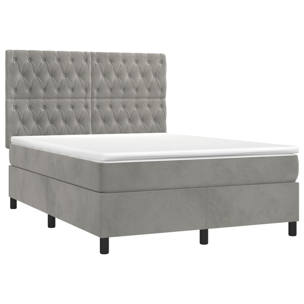 Cama box spring colchón y LED terciopelo - Diseño de botones 140x190 Gris Claro